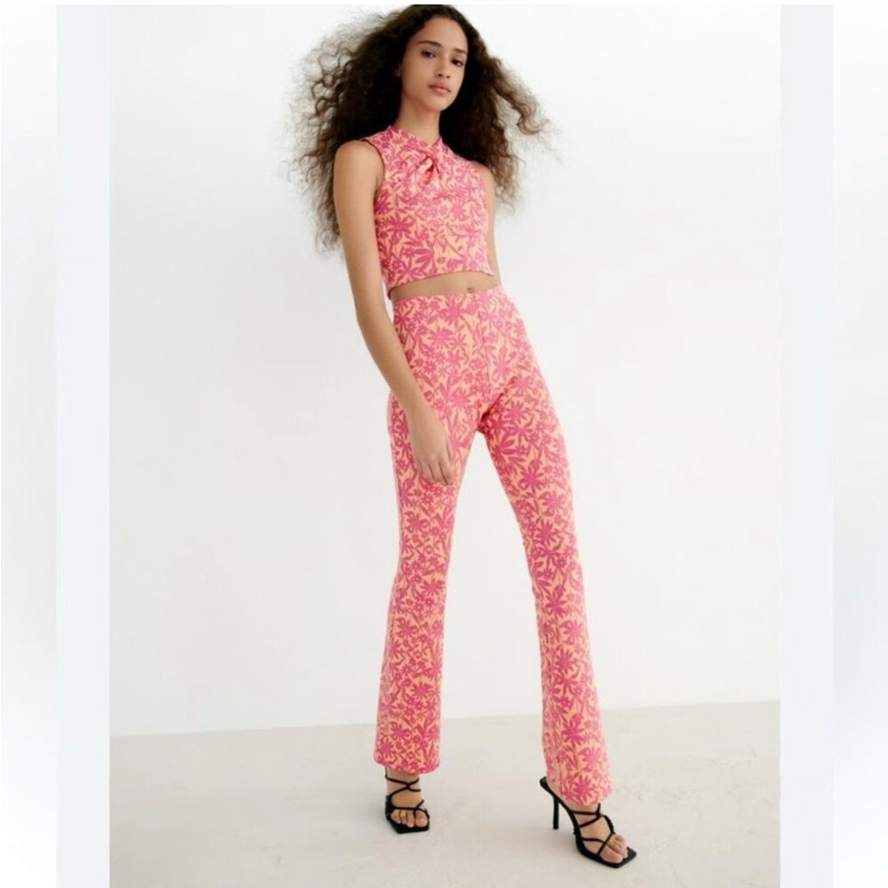Zara Vibrant Pink and Orange Floral Blouse and flare pants